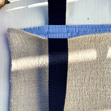 Load image into Gallery viewer, Tote bag. Vintage grain sack tote bag. Handwoven. Horizontal Blue stripe. 100% linen.