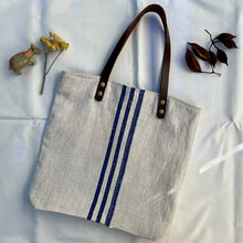 Load image into Gallery viewer, Tote bag. Vintage grain sack tote bag with leather straps. Vertical deep red stripes.