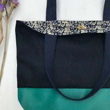 Load image into Gallery viewer, Handbag. Bag. Ex-designer navy blue wool fabric and green leather bag.