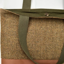Load image into Gallery viewer, Handbag. Bag. English wool herringbone and camel brown leather handbag.