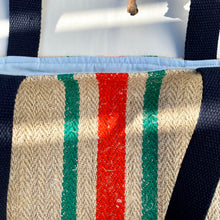 Load image into Gallery viewer, Tote bag. Vintage grain sack tote bag. Vertical green and orange stripes.