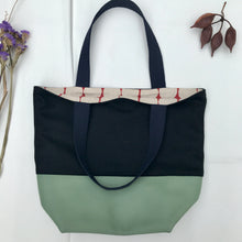 Load image into Gallery viewer, Handbag. Bag. Ex designer navy blue wool fabric and light mint green leather bag.