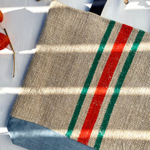 Load image into Gallery viewer, Tote bag. Vintage grain sack tote bag. Vertical green and orange stripes.