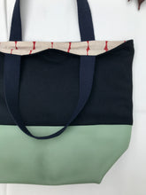 Load image into Gallery viewer, Handbag. Bag. Ex designer navy blue wool fabric and light mint green leather bag.