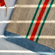 Load image into Gallery viewer, Tote bag. Vintage grain sack tote bag. Vertical green and orange stripes.