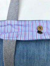 Load image into Gallery viewer, Handbag. Light blue denim and red denim handbag.