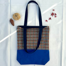 Load image into Gallery viewer, Tote bag. Ex designer check wool fabric tote bag with a royal blue cotton denim bottom.