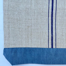 Load image into Gallery viewer, Tote bag. Vintage grain sack tote bag. Handwoven. Vertical blue stripes. Blue denim.