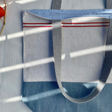 Load image into Gallery viewer, Tote bag. Vintage red striped linen tea towel tote with a light blue denim bottom.