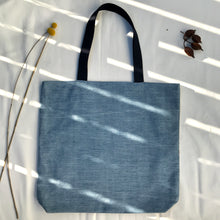 Load image into Gallery viewer, Tote bag. Vintage grain sack and light blue denim tote bag. A two-fabric tote bag.