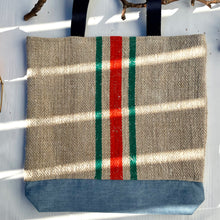 Load image into Gallery viewer, Tote bag. Vintage grain sack tote bag. Vertical green and orange stripes.