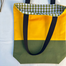 Load image into Gallery viewer, Tote bag. Canary yellow and khaki green cotton canvas tote bag. Lined with a green gingham pattern cotton fabric.