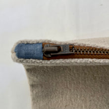 Load image into Gallery viewer, Cream woven canvas pouch with two horizontal grey stripes. YKK zip. Zippered purse. Zippered pouch. YKK zipper.
