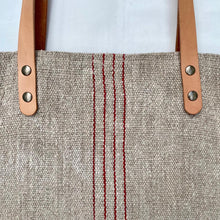 Load image into Gallery viewer, Tote bag. Vintage grain sack tote bag with leather straps. Vertical deep red stripes.
