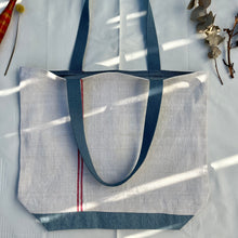Load image into Gallery viewer, Tote Bag. Vintage French linen fabric with a light blue denim bottom.