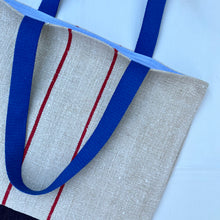 Load image into Gallery viewer, Tote bag. Vintage grain sack tote bag. Handwoven. Vertical red stripes (linen). Dark blue denim.