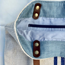 Load image into Gallery viewer, Tote bag. Vintage grain sack tote bag with leather straps. Vertical deep red stripes.