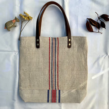 Load image into Gallery viewer, Tote bag. Vintage grain sack tote bag with leather straps. Vertical deep red stripes.