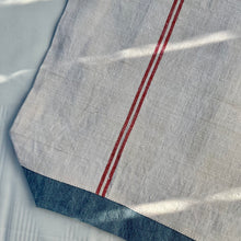Load image into Gallery viewer, Tote Bag. Vintage French linen fabric with a light blue denim bottom.