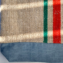 Load image into Gallery viewer, Tote bag. Vintage grain sack tote bag. Vertical green and orange stripes.