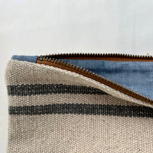 Load image into Gallery viewer, Cream woven canvas pouch with two horizontal grey stripes. YKK zip. Zippered purse. Zippered pouch. YKK zipper.