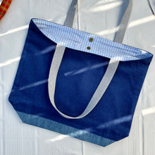 Load image into Gallery viewer, XL Tote bag. Blue cobalt corduroy and blue cotton denim tote bag.
