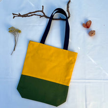 Load image into Gallery viewer, Tote bag. Canary yellow and khaki green cotton canvas tote bag. Lined with a green gingham pattern cotton fabric.