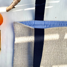Load image into Gallery viewer, Tote bag. Vintage grain sack tote bag. Handwoven. Horizontal Blue stripe. 100% linen.