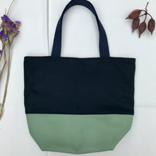 Load image into Gallery viewer, Handbag. Bag. Ex designer navy blue wool fabric and light mint green leather bag.