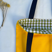 Load image into Gallery viewer, Tote bag. Canary yellow and khaki green cotton canvas tote bag. Lined with a green gingham pattern cotton fabric.