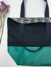 Load image into Gallery viewer, Handbag. Bag. Ex-designer navy blue wool fabric and green leather bag.