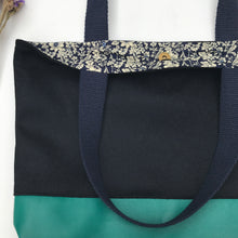 Load image into Gallery viewer, Handbag. Bag. Ex-designer navy blue wool fabric and green leather bag.