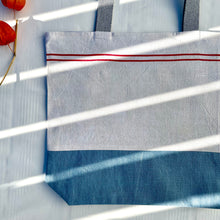 Load image into Gallery viewer, Tote bag. Vintage red striped linen tea towel tote with a light blue denim bottom.