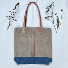 Load image into Gallery viewer, Tote bag. Vintage grain sack tote bag with leather straps. Vertical deep red stripes.