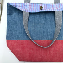 Load image into Gallery viewer, Handbag. Light blue denim and red denim handbag.