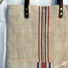 Load image into Gallery viewer, Tote bag. Vintage grain sack tote bag with leather straps. Vertical deep red stripes.