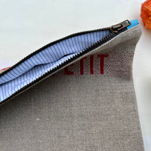 Load image into Gallery viewer, "Bon appetit" French linen and light blue denim fabric pouch. Zippered purse. Zippered pouch. YKK metal zipper.