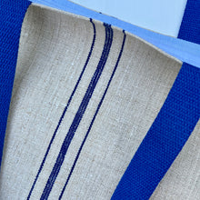 Load image into Gallery viewer, Tote bag. Vintage grain sack tote bag. Handwoven. Vertical blue stripes. Blue denim.