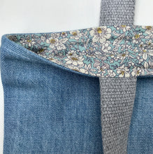 Load image into Gallery viewer, Handbag. Light blue denim and red denim handbag.