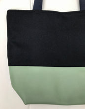 Load image into Gallery viewer, Handbag. Bag. Ex designer navy blue wool fabric and light mint green leather bag.