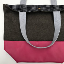 Load image into Gallery viewer, Handbag. Bag. Ex-designer olive green wool fabric and soft fuchsia leather handbag.