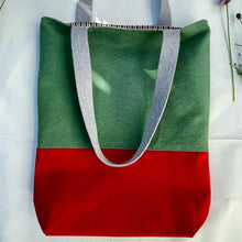 Load image into Gallery viewer, Tote bag. Green and red cotton canvas tote bag. Lined with a check cotton fabric.