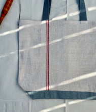 Load image into Gallery viewer, Tote Bag. Vintage French linen fabric with a light blue denim bottom.