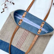 Load image into Gallery viewer, Tote bag. Vintage grain sack tote bag with leather straps. Vertical deep red stripes.