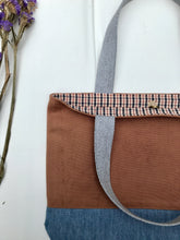Load image into Gallery viewer, Handbag. Bag. Ex designer rust cotton canvas fabric and light blue denim handbag.