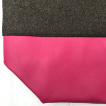 Load image into Gallery viewer, Handbag. Bag. Ex-designer olive green wool fabric and soft fuchsia leather handbag.