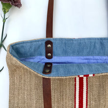 Load image into Gallery viewer, Tote bag. Vintage grain sack tote bag with brown leather straps. Handwoven. Vertical red and leather white stripes.