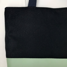 Load image into Gallery viewer, Handbag. Bag. Ex designer navy blue wool fabric and light mint green leather bag.