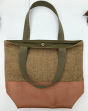 Load image into Gallery viewer, Handbag. Bag. English wool herringbone and camel brown leather handbag.