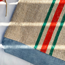 Load image into Gallery viewer, Tote bag. Vintage grain sack tote bag. Vertical green and orange stripes.
